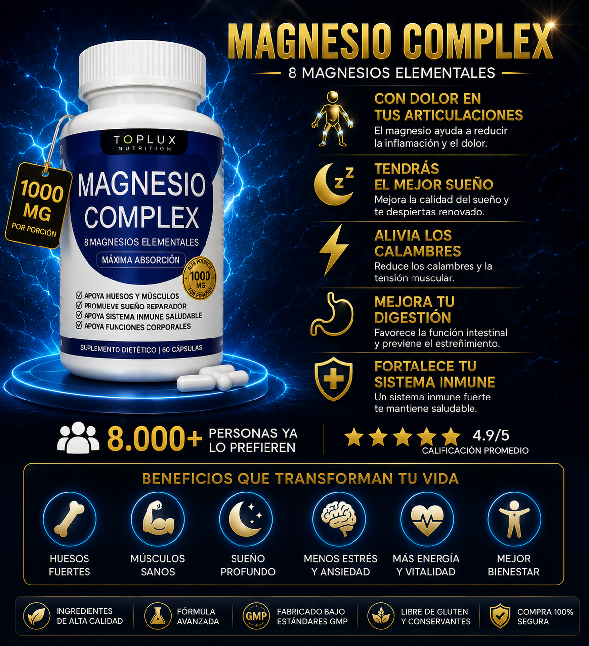 Magnesio Suplemento 8 Elemental 1000mg